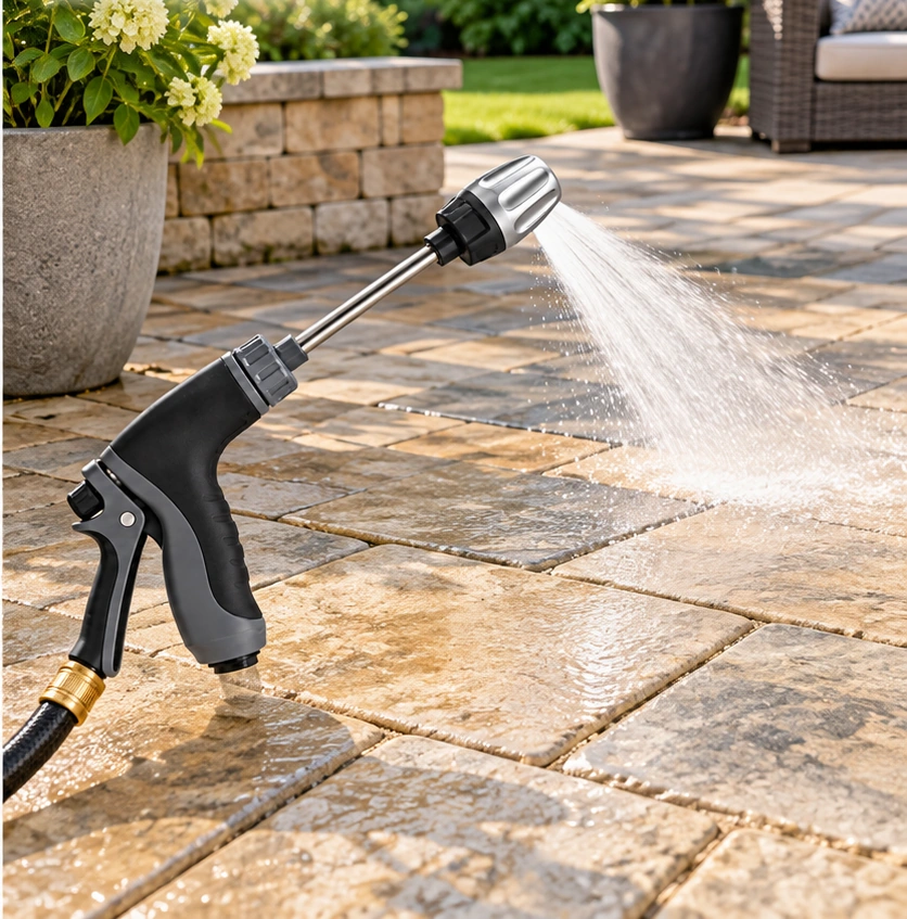 Clean outdoor paving after rinsing