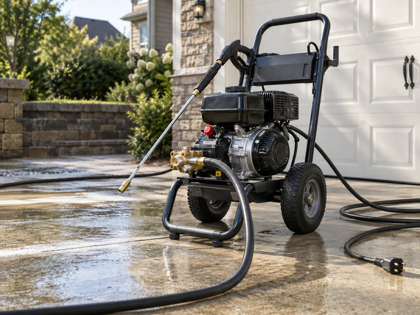 Traditional powered pressure washer on a driveway