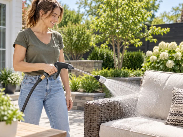 Person cleaning a patio with HoseHawk Pro