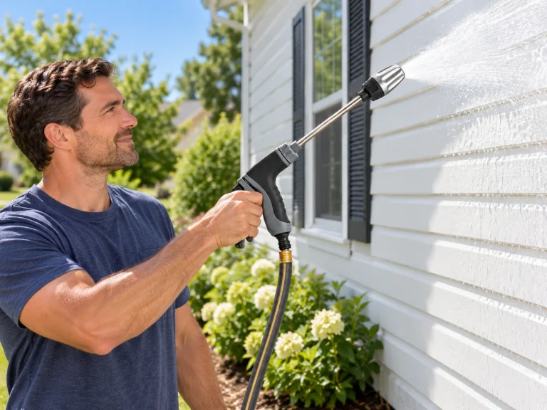 Person cleaning home siding with HoseHawk Pro